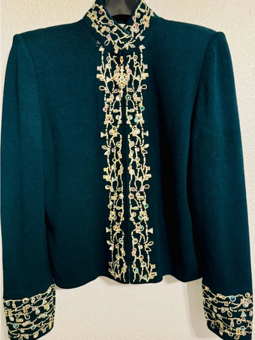 St. John Emerald Green Knit Blazer with Gold Embellished Multi-Color Jewels